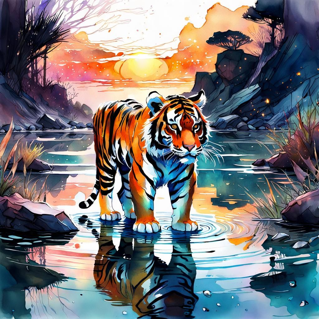 Chibi Tiger Gaze in Sci-Fi Watercolor World