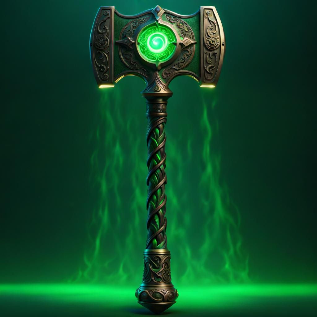 Magical Glowing Hammer with Elven Vines Background