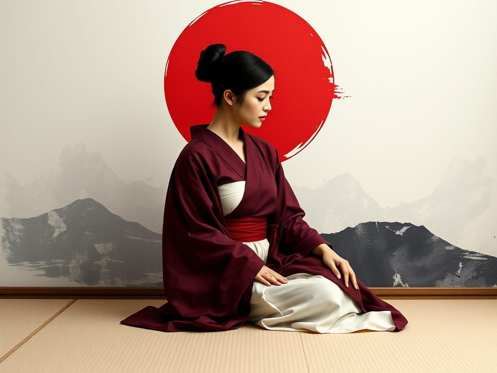 Woman in Burgundy Kimono, Japanese-Inspired Landscape
