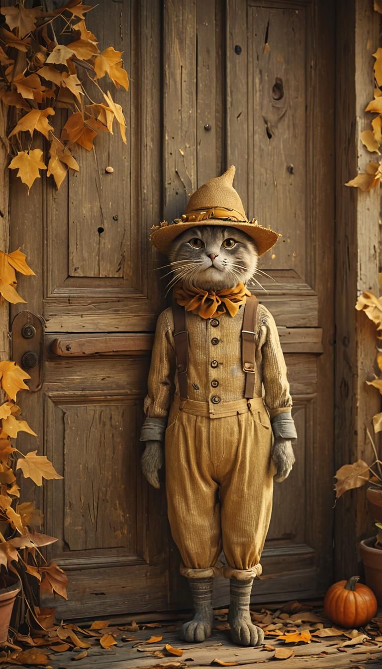 Whimsical Cat Scarecrow in Autumnal Light