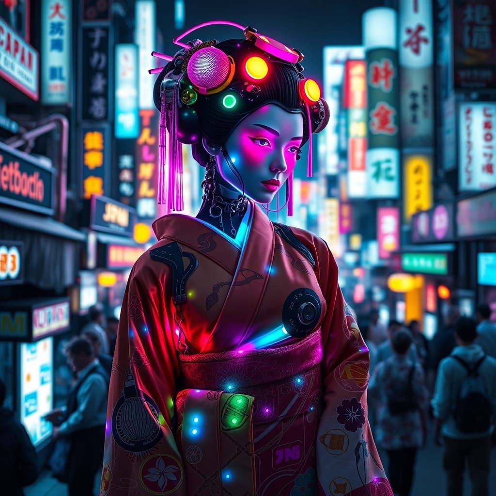 Cyberpunk Geisha with Fluorescent Makeup and Neon Kimono