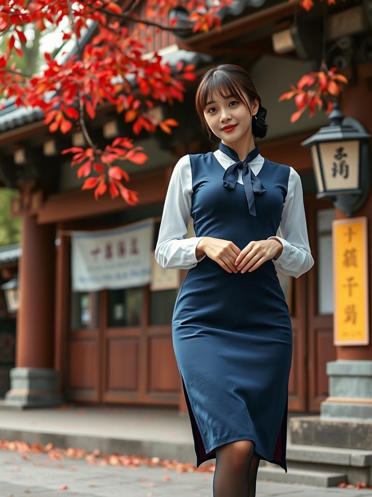 Autumn Shrine Maiden Posing in Jumper Dress
