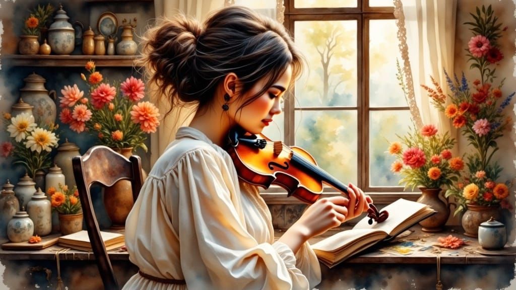 Liberated Women in Sun-Kissed Atelier, Antique Watercolor