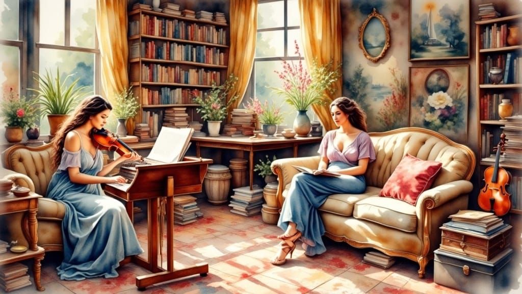 Bohemian Women in Antique Watercolor Studio
