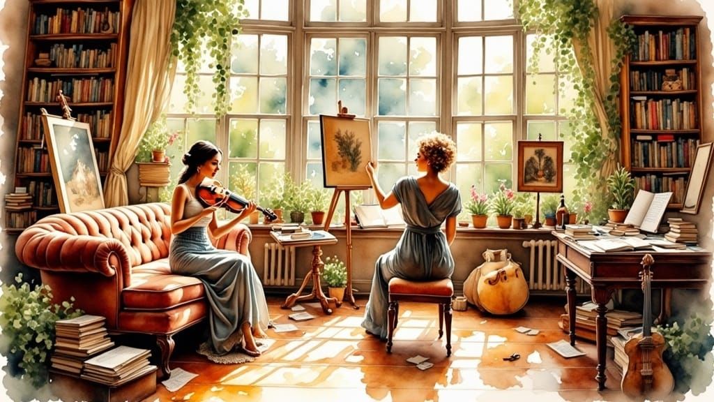 Women's Artistic Expression in Antique Watercolor Style