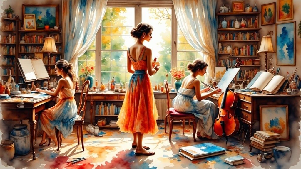 Creative Women in Sunlit Studio: Watercolor Art