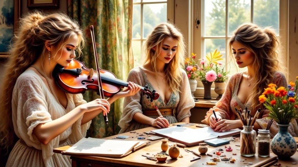 Women's Creative Expression in Antique Watercolor Style