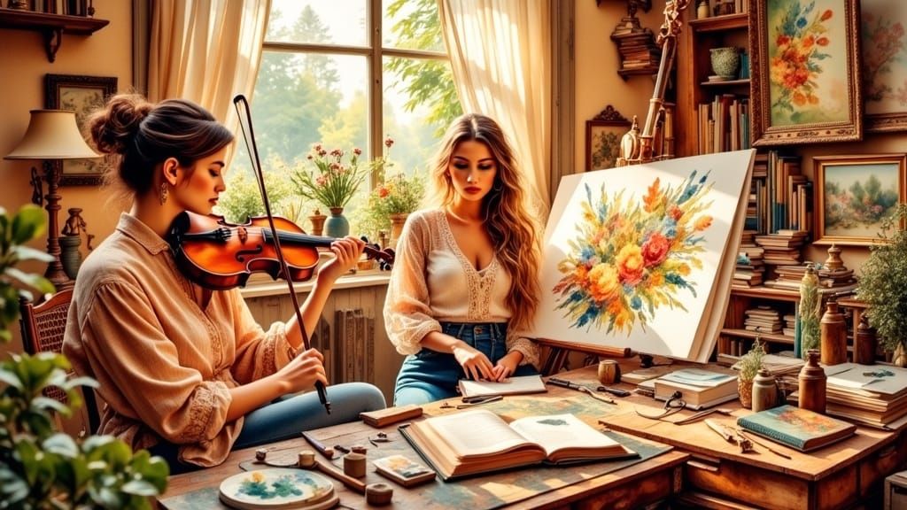 Creative Women in Sunlit Studio, Antique Watercolor