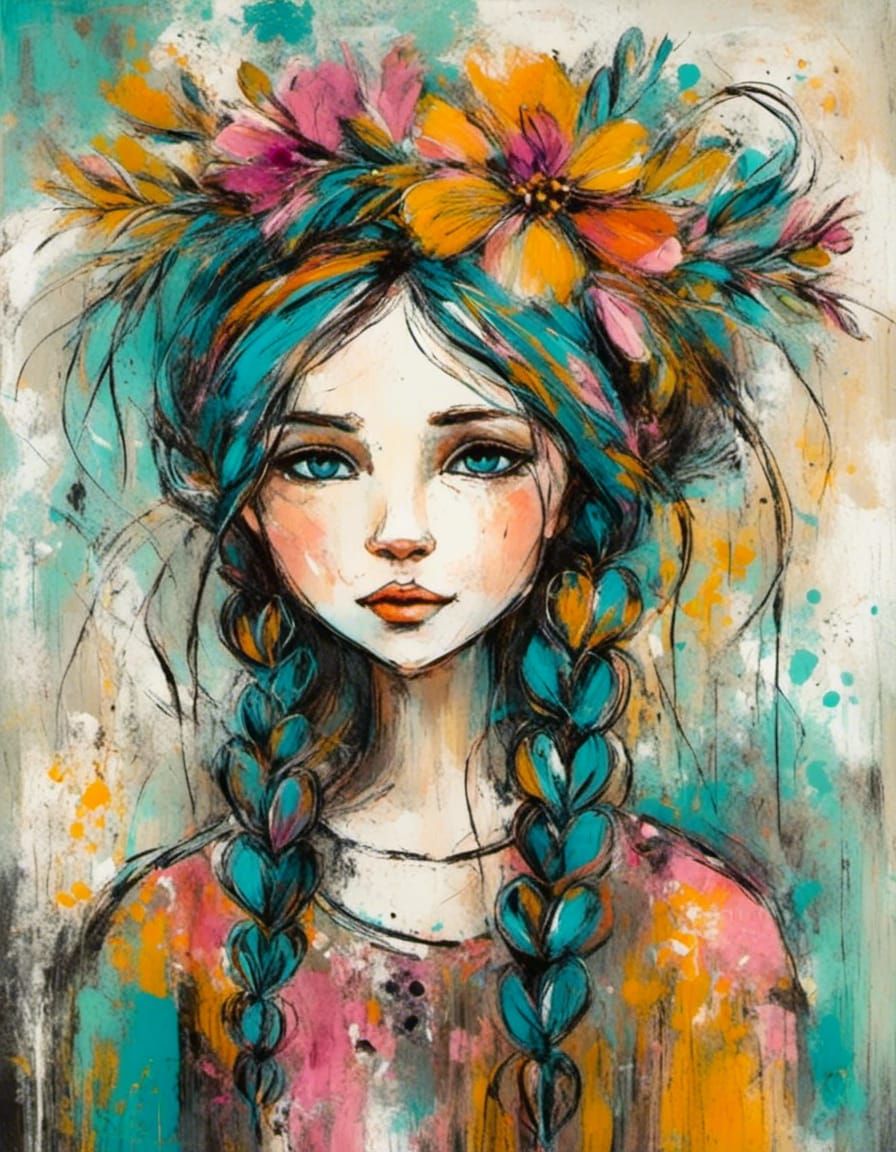Whimsical Floral Girl with Braids in Neo-Expressionist Style