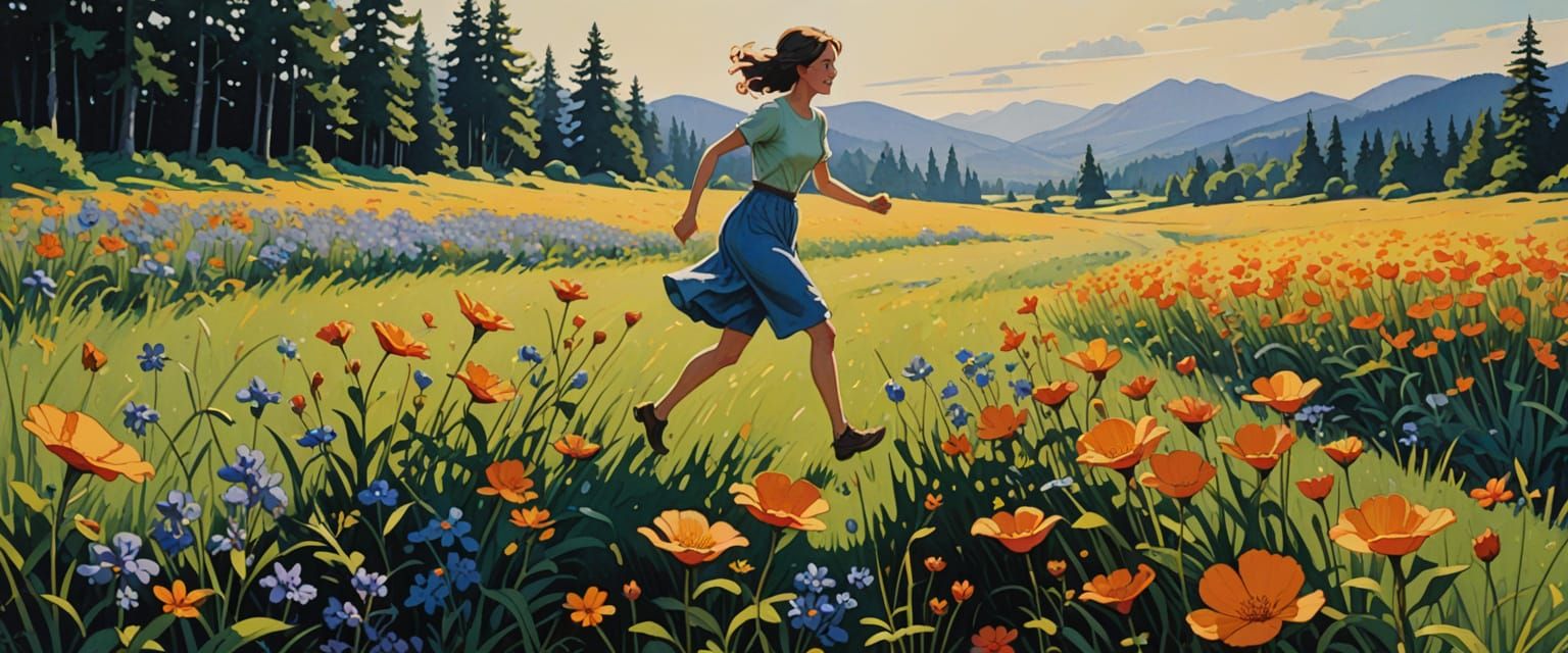 Girl Chasing Butterflies in Sunlit Flower Field