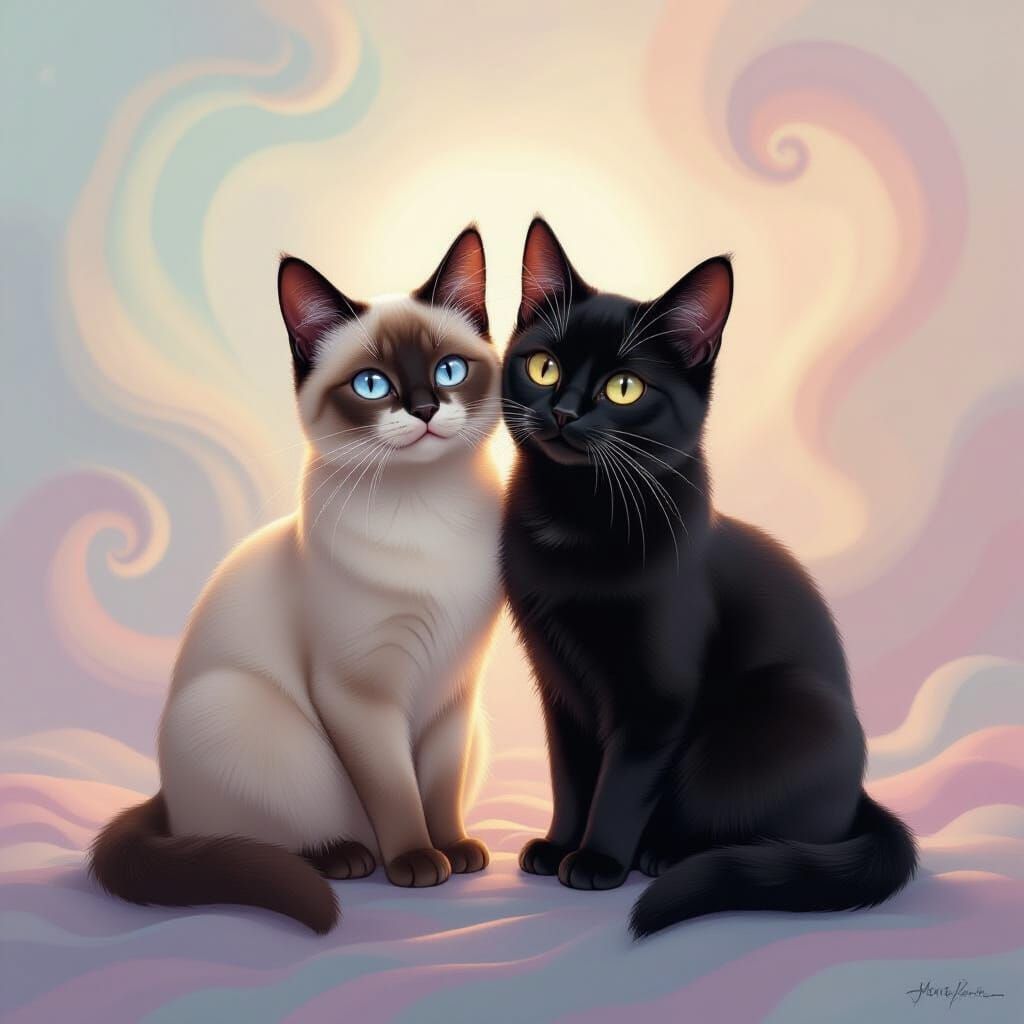 Fantastical Merged Siamese and Black Cats in Surreal Style