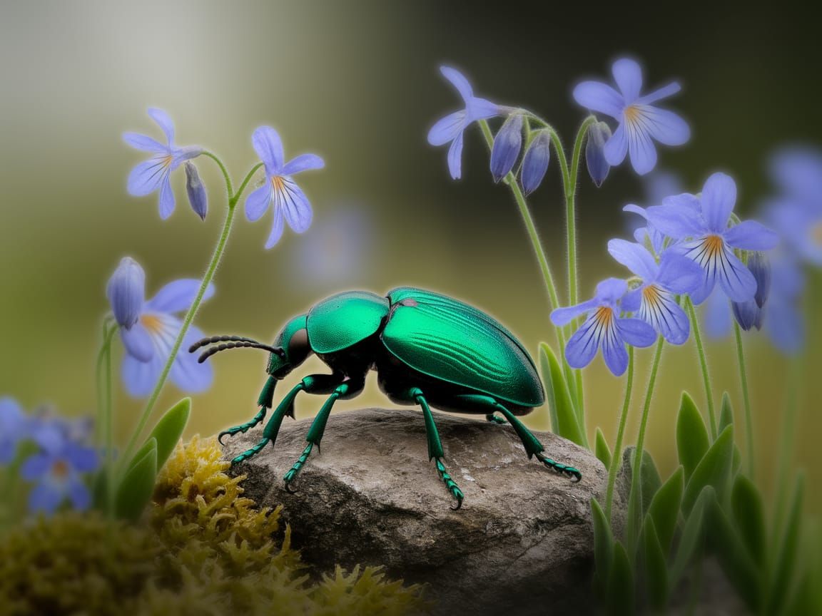 Luminous Green Beetle Amidst Vibrant Blooms