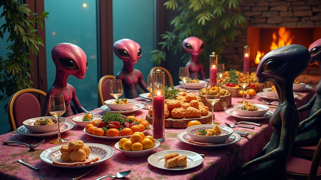 Diners from Alien Worlds Enjoy Multicolored Feast