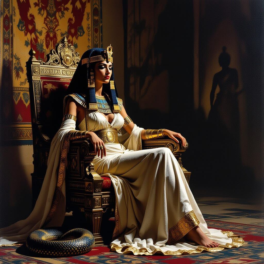 Cleopatra with Asp in Eerie Royal Chamber