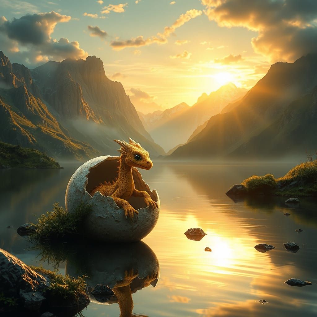 Golden Hour Dragon Hatching in a Serene Landscape
