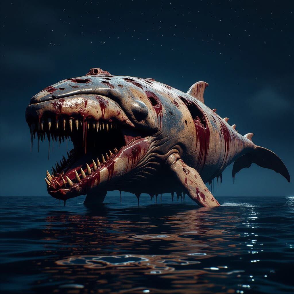 Gigantic Undead Whale Floats on Dark Ocean Surface