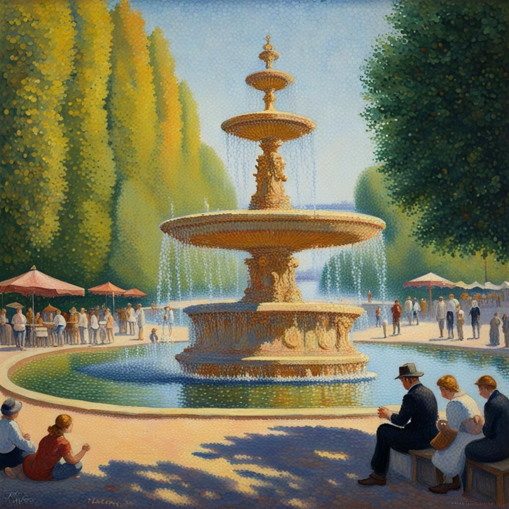 Pointillist Picnic by Geneva Fountain in Oil