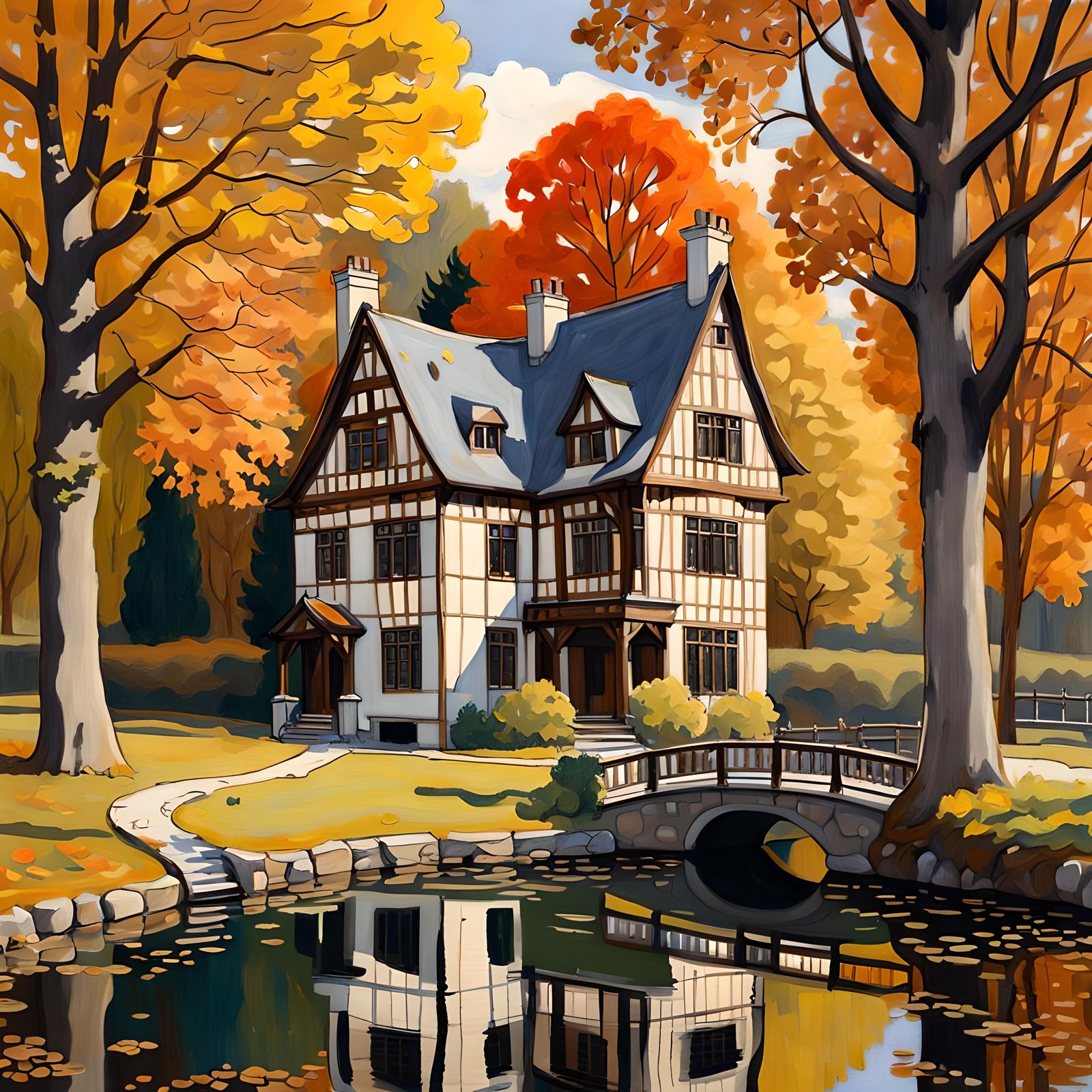 Tudor Mansion by Pond in Klimt Style