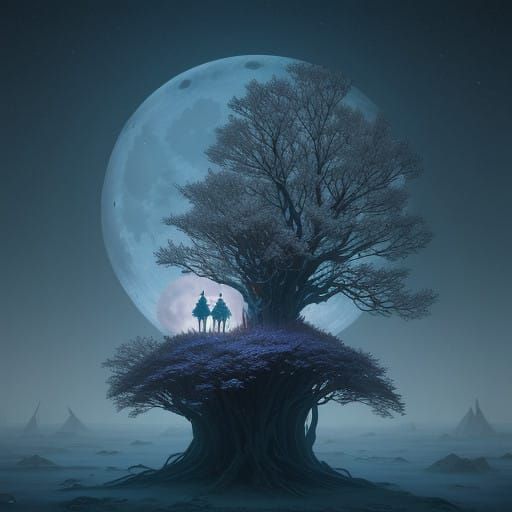 Ethereal Bird Couple in Frosty Serenity Under Moonlight