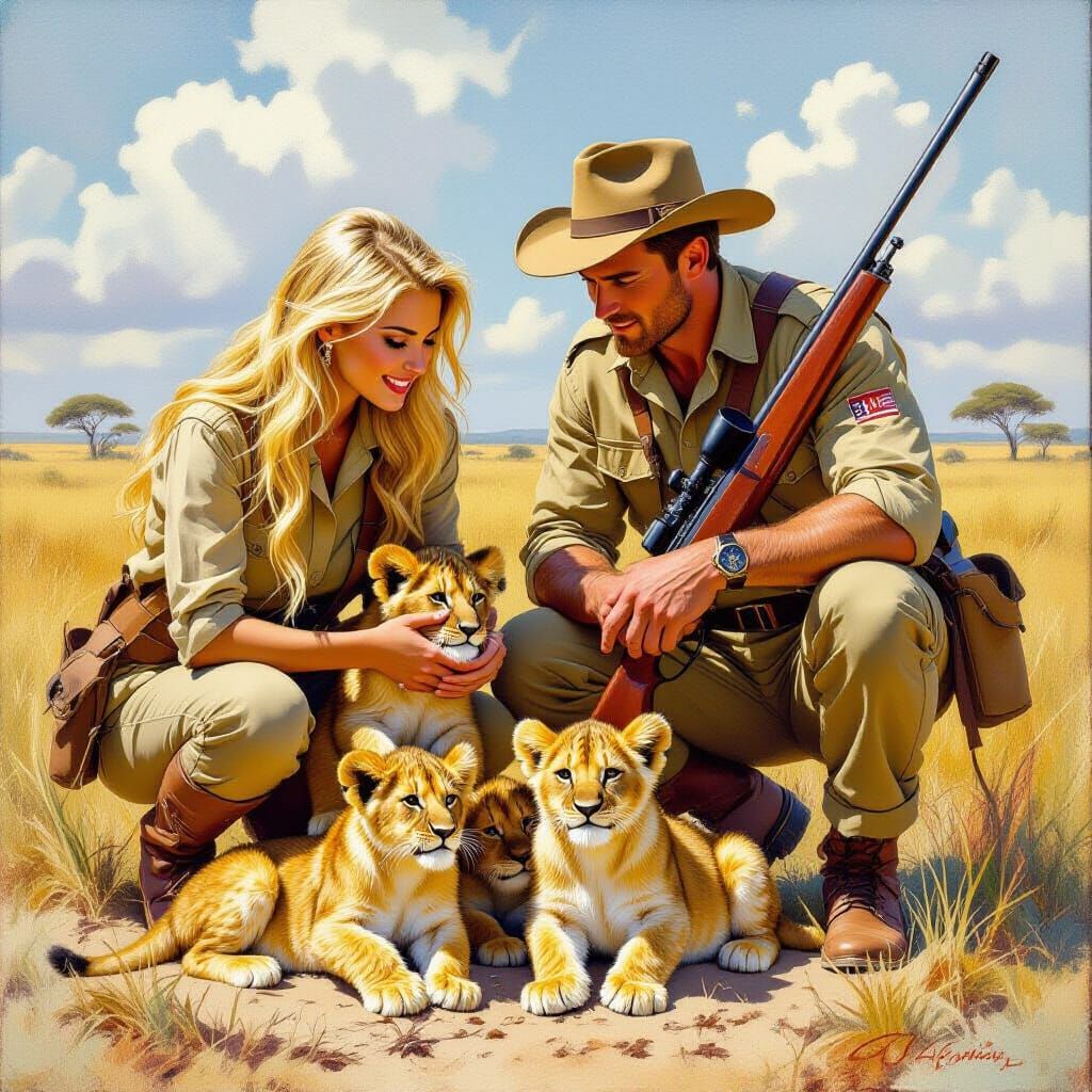 Safari Protectors Caring for Lion Cubs in Oil Painting Style