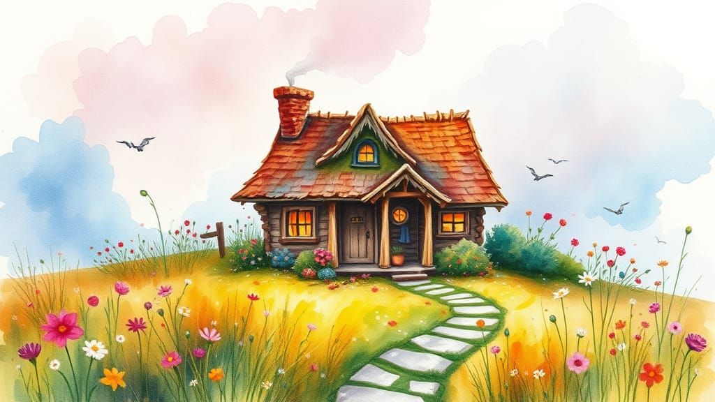 Cozy Cottage in Wildflower Field Watercolor Painting