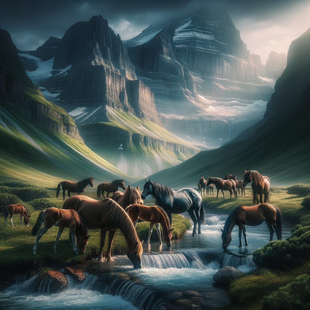Wild Mustangs in Majestic Mountain Landscape