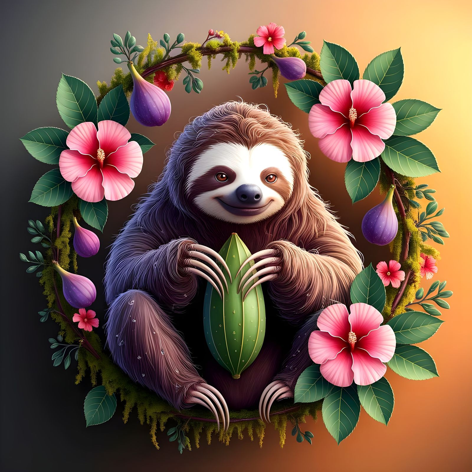 Sloth Eating Cacao Pod in Lush Tropical Foliage