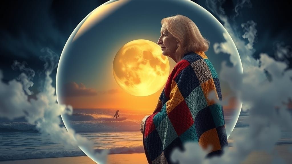 Dreamscape: Ex-Surfer Grandmother on Moonlit Beach
