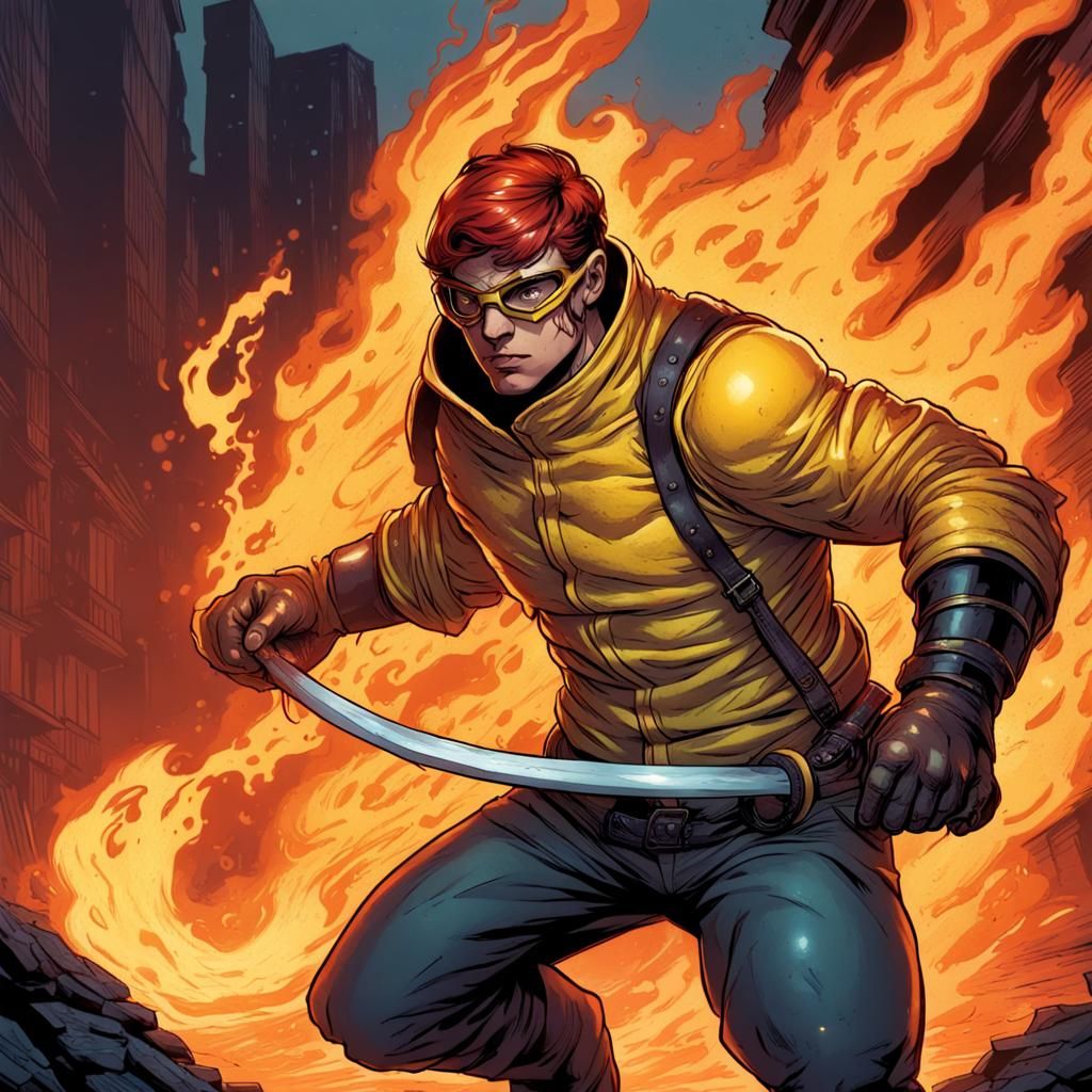 Fiery Warrior Emerges in Dark Alley