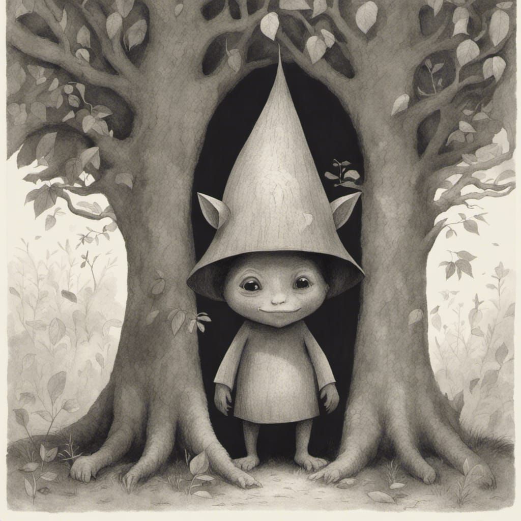 Troll Hiding Behind Tree, Storybook Illustration
