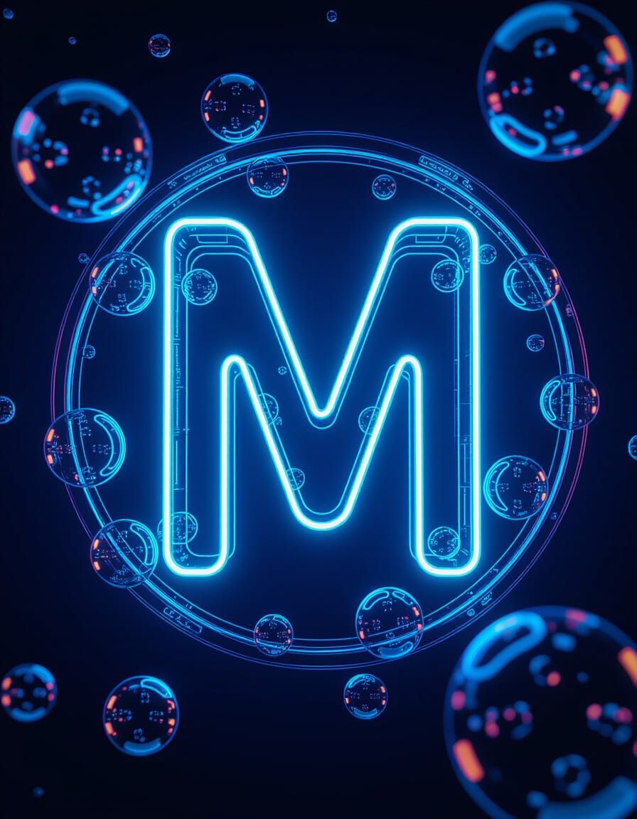 Neon Blue Letter M with Soap Bubbles