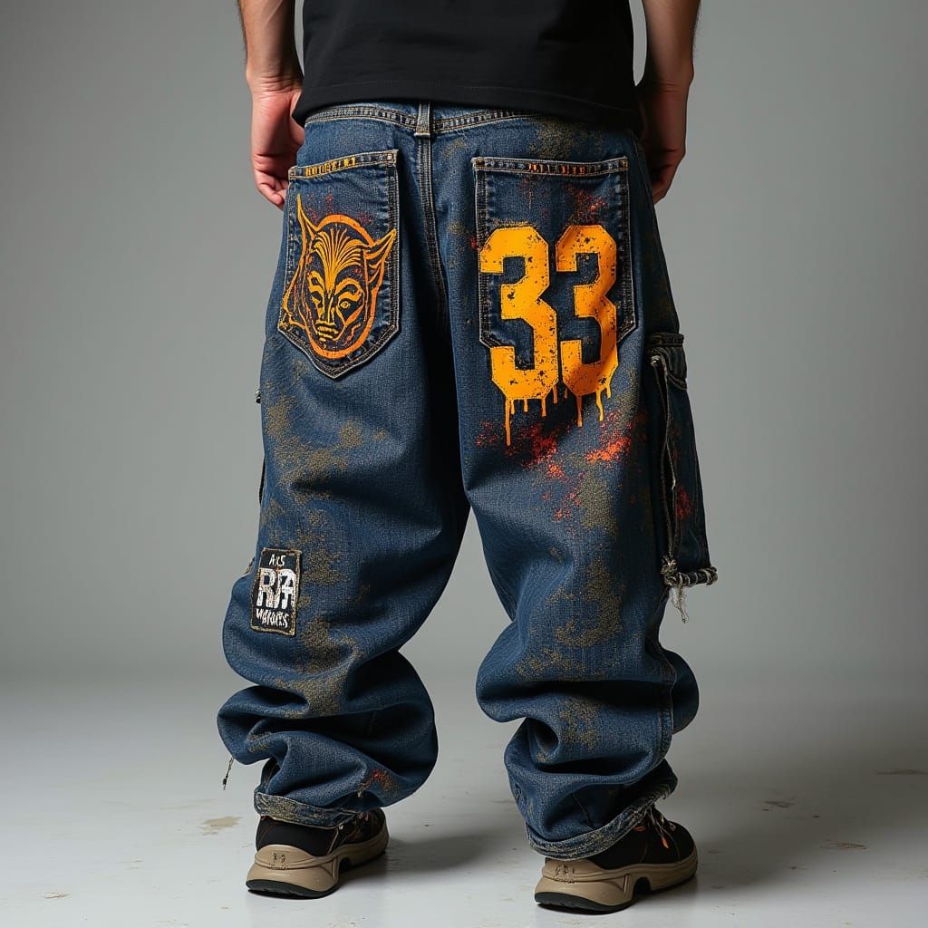 Graffiti-Style Baggy Jean with Tribal Motifs in Cyberpunk Fa...