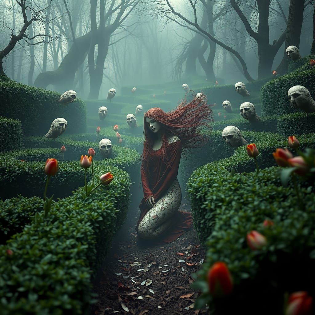 Surreal Gothic Maze with Screaming Statues