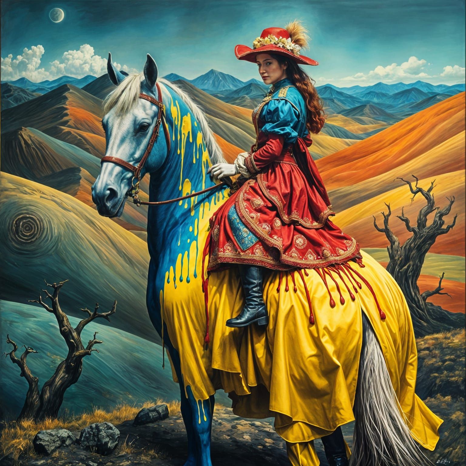 Surrealist Painted Lady Rides into Mysterious Landscape