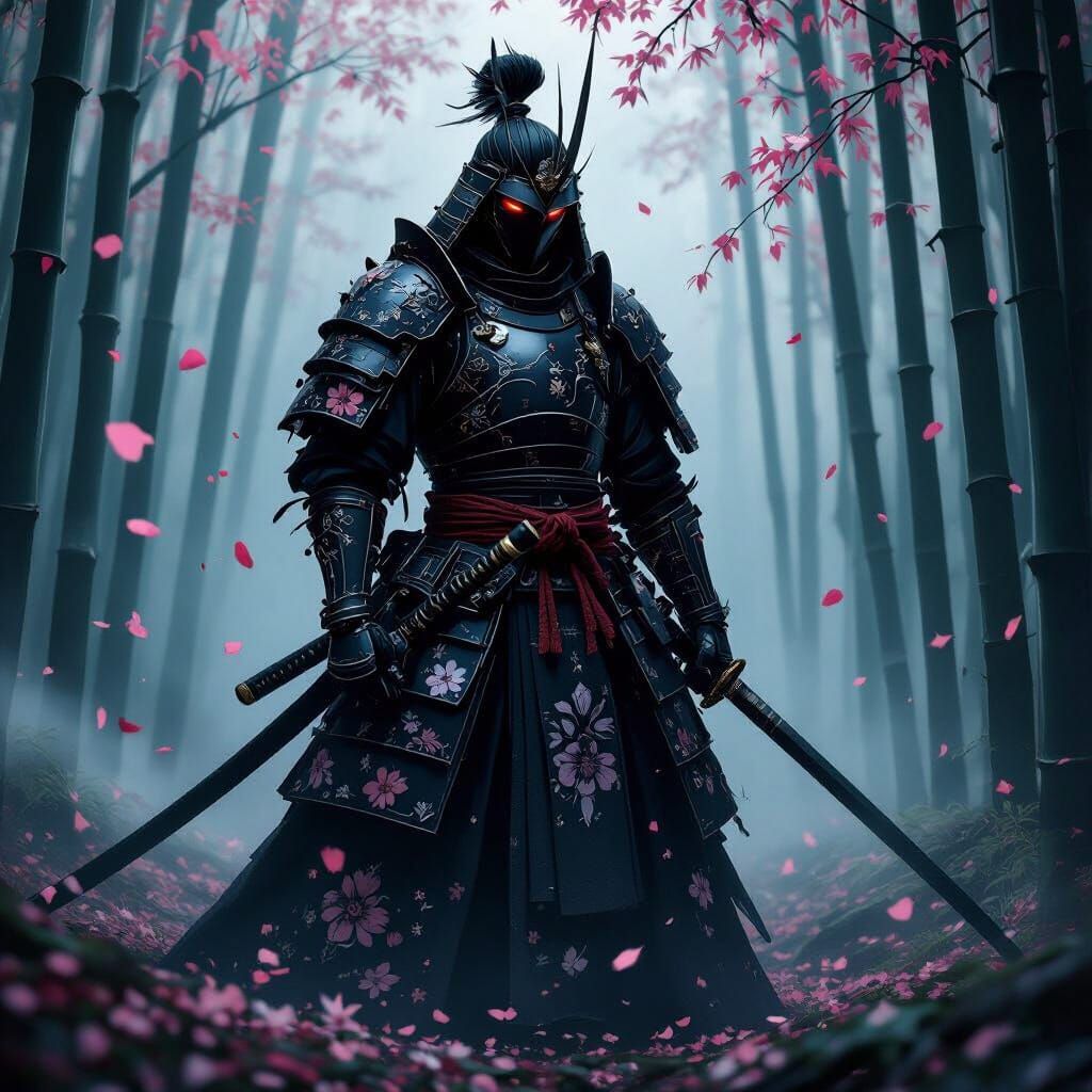 Gothic Samurai in Misty Bamboo Forest