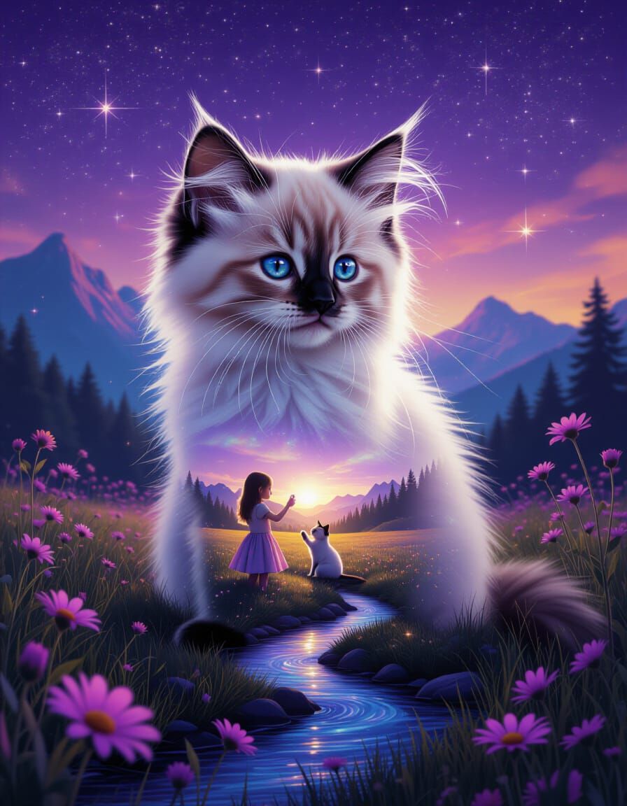 Fantasy Kitten Double Exposure with Girl in Meadow