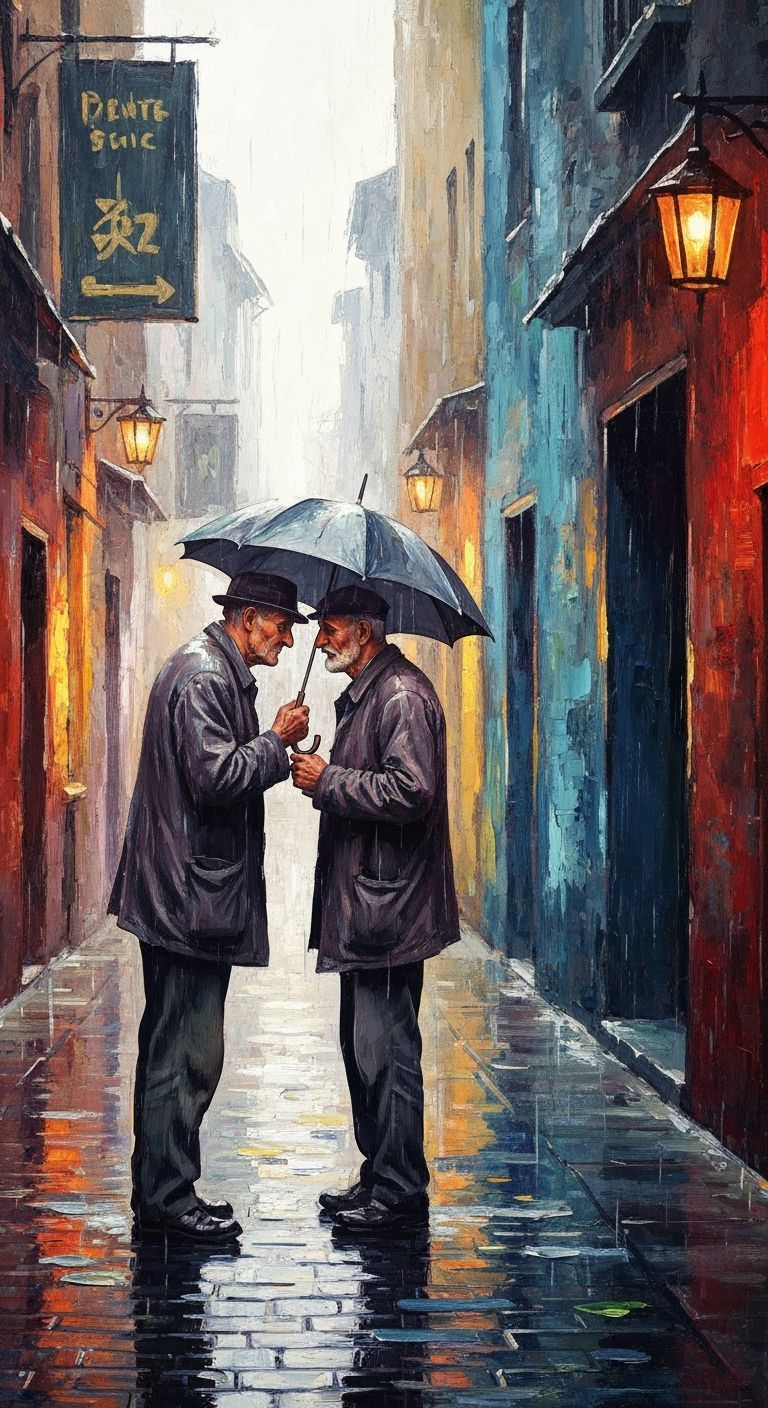 Impressionist Old Man in Rainy Alley - Textured Digital Pain...