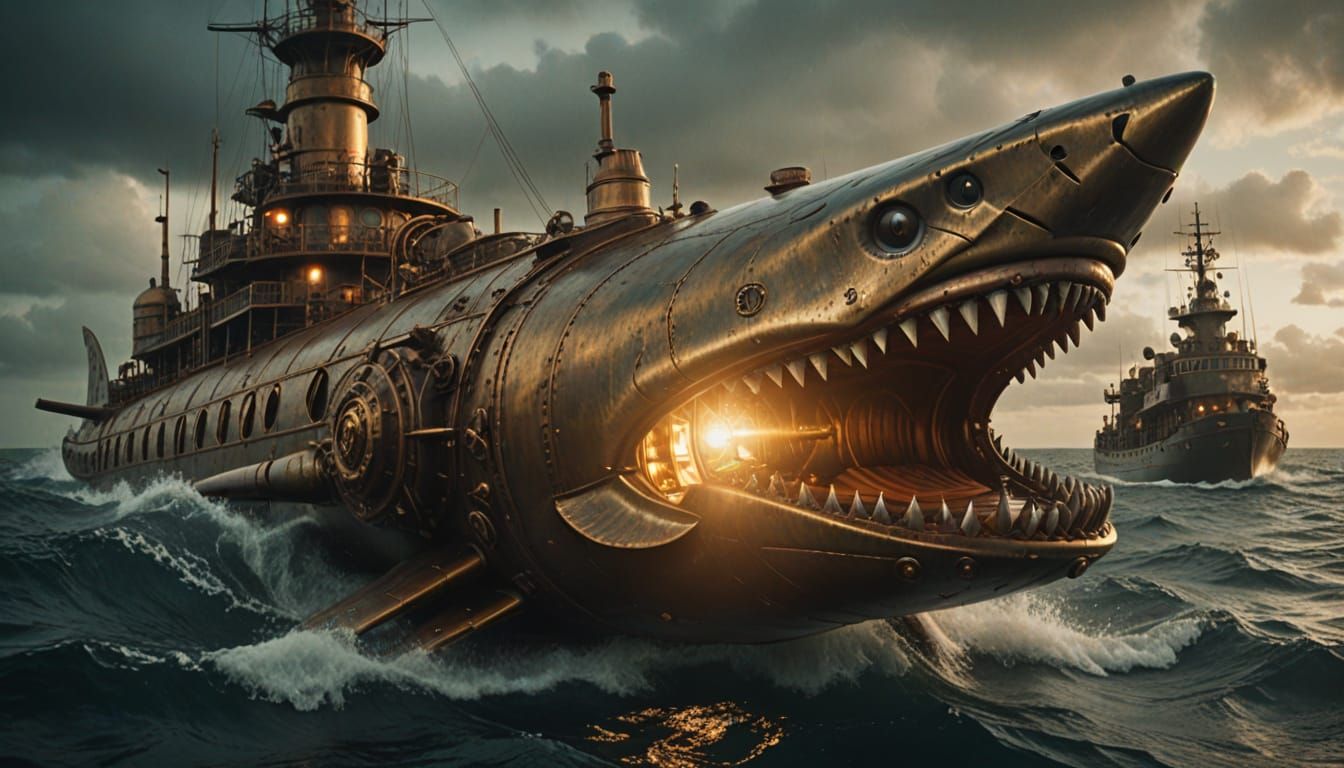 Brass Shark Submarine in Dark Waters