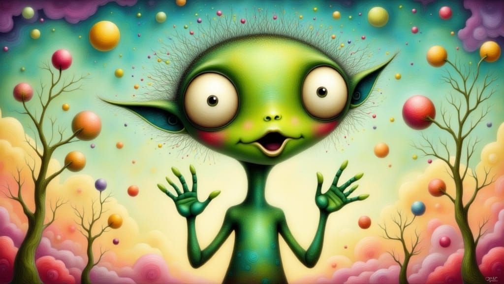 Surreal Green Alien Dancing in Pastel Sky, Dalí Style