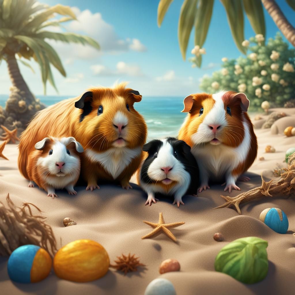 Guinea Pig Family Enjoying Beach: Detailed Matte Painting