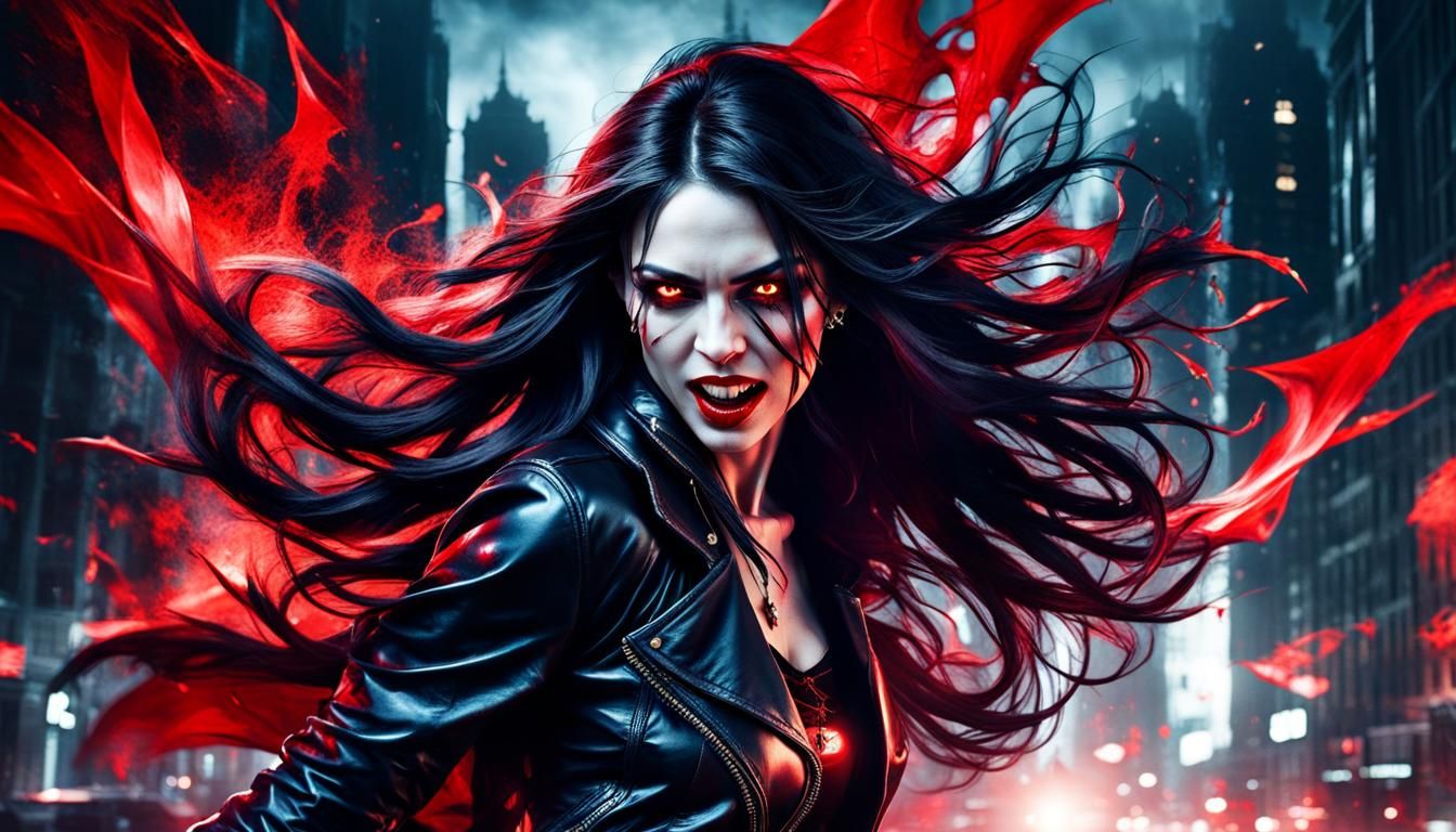 Stunning Vampire with Red Eyes and Blood Double Exposure