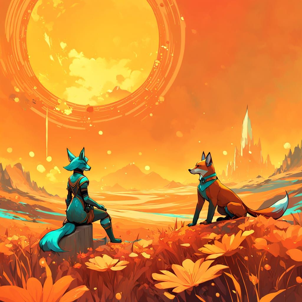 Fox and Bloodhound Facing Apart, Textured Naive Art