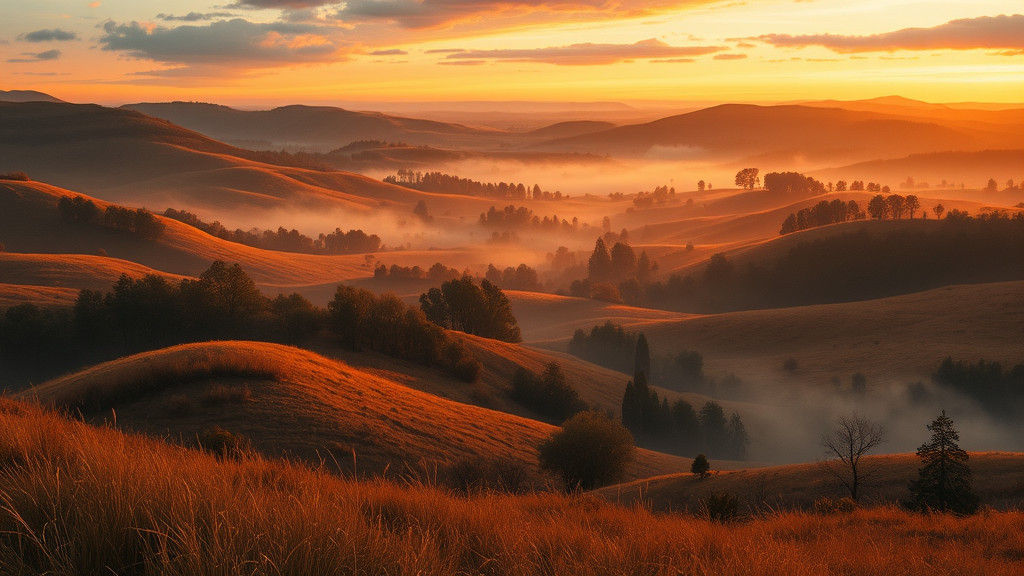 Serene Countryside Landscape at Dusk in Oil Painting Style