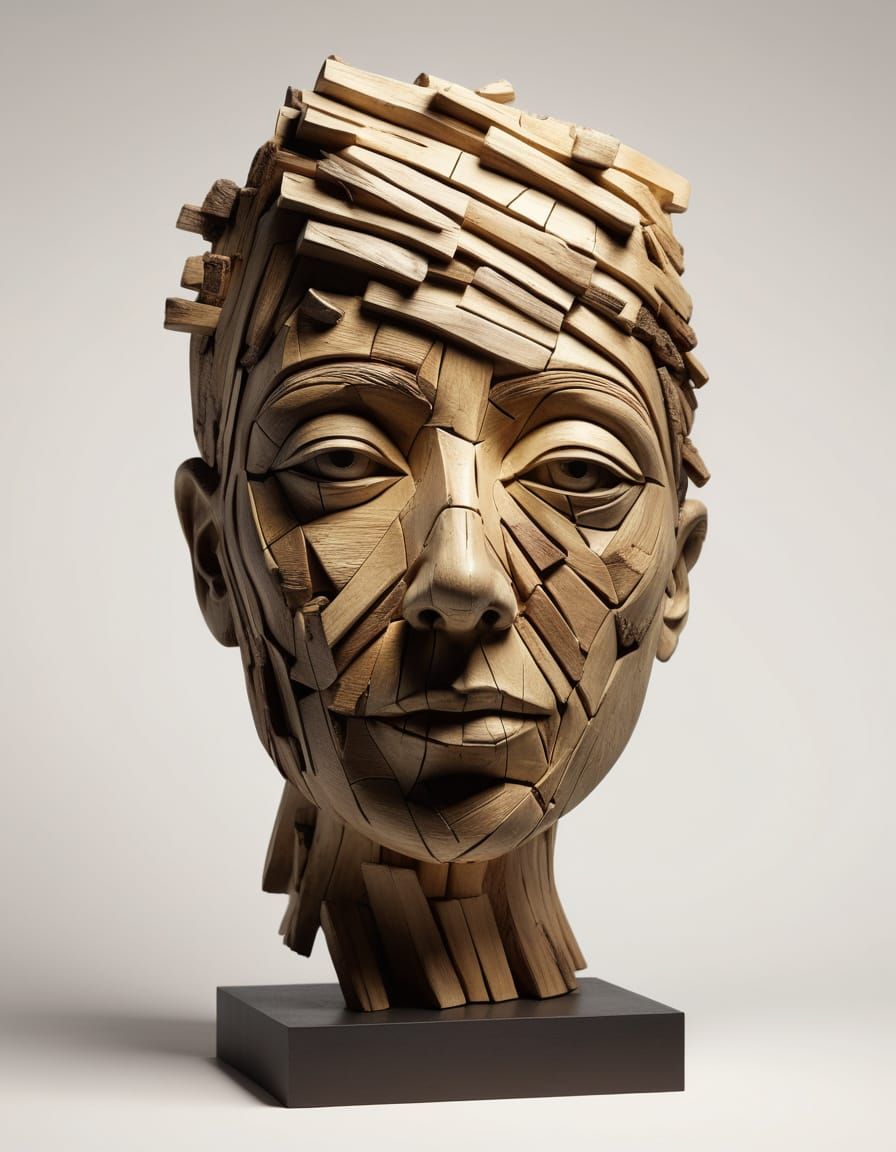 Surreal Wooden Sculpture of a Woman's Face in Warm Golden Li...