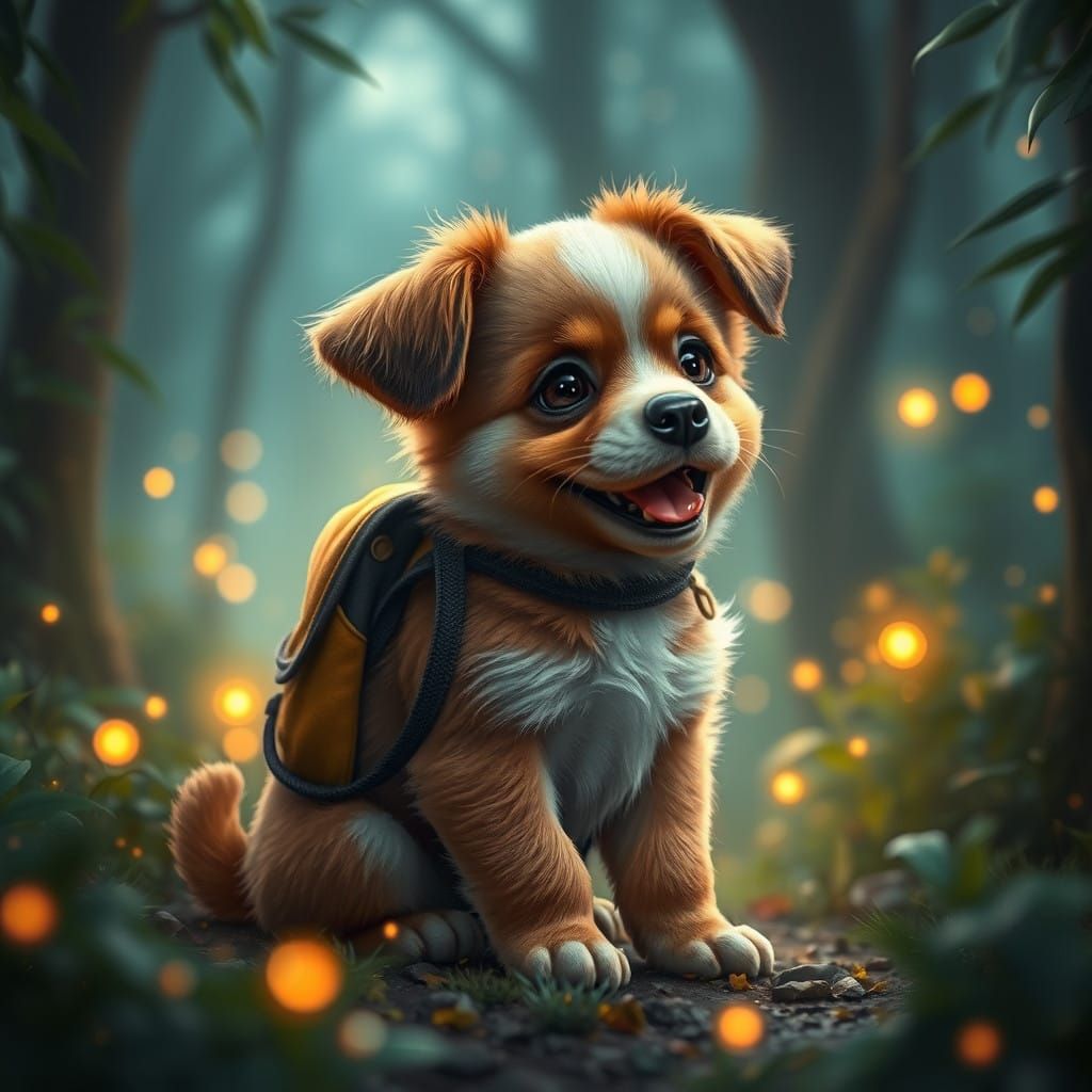 Whimsical Puppy in Enchanted Forest