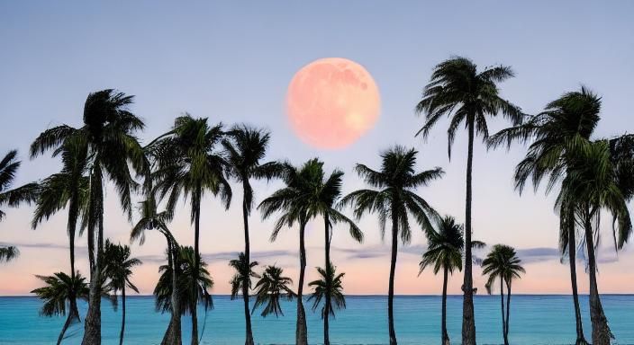 Tropical Island Night: Red Palms and Full Moon