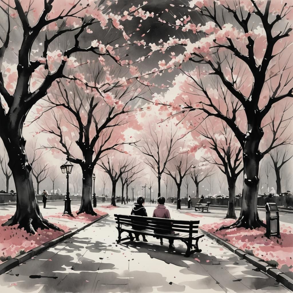 Cherry Blossom Canopy: Sumi-e Ink Painting