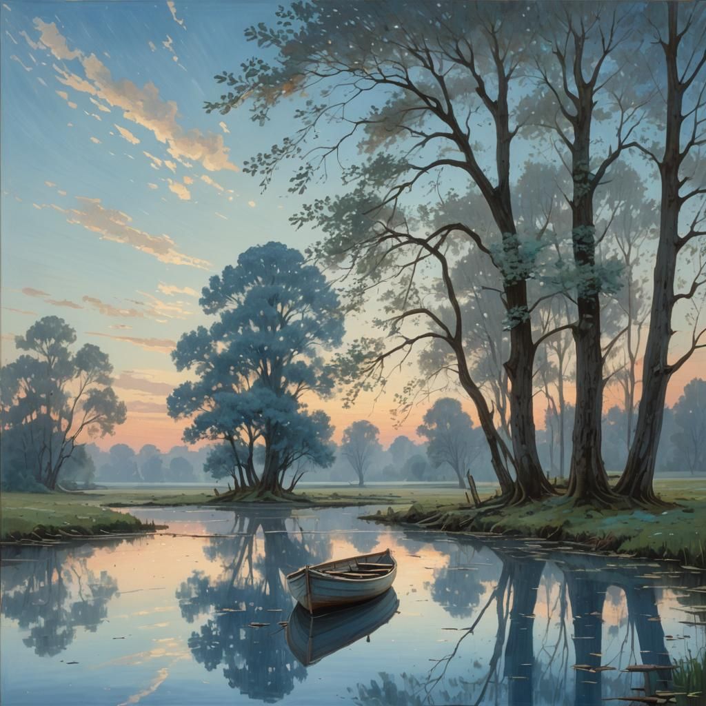 Tranquil Countryside Scene with Submerged Boat