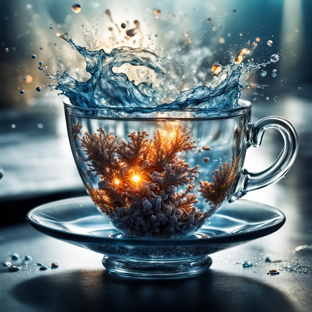 Exploding Sea in Teacup: Hyperrealistic 64MP Image