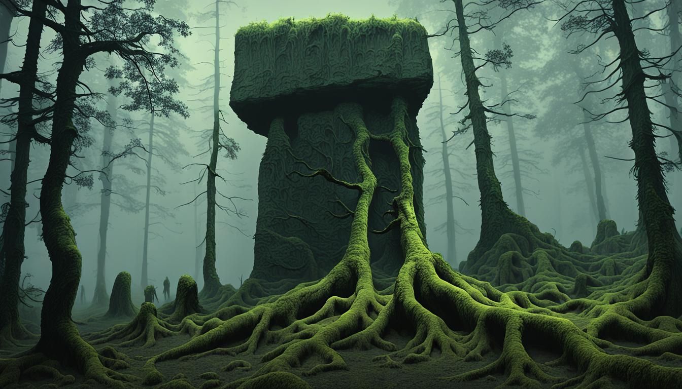 Monolith in Misty Forest, Gothic Horror Style